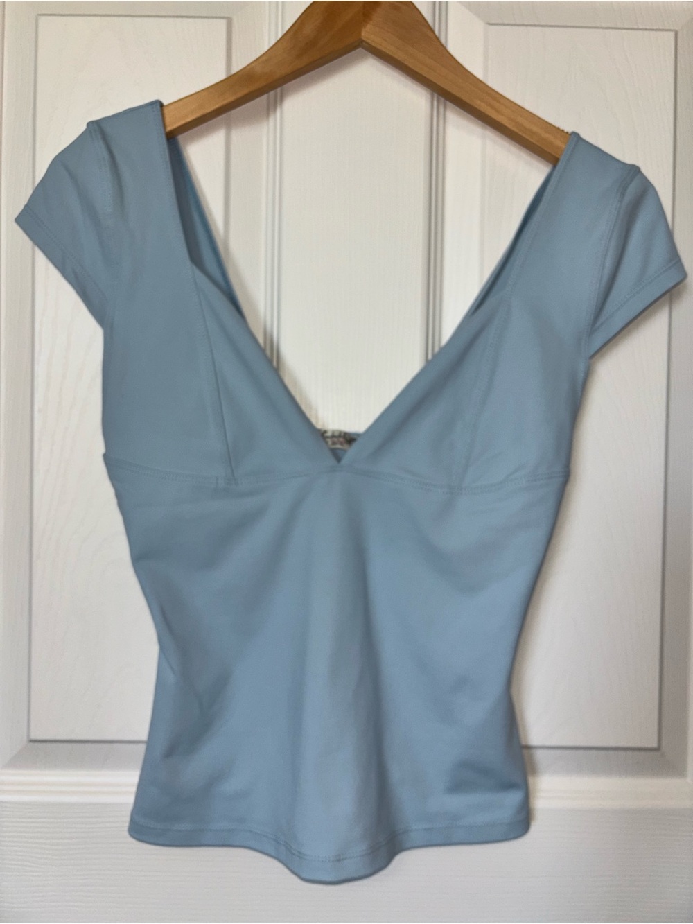 Free People - Light Blue Deep V-Neck Stretch Cap Sleeve Top